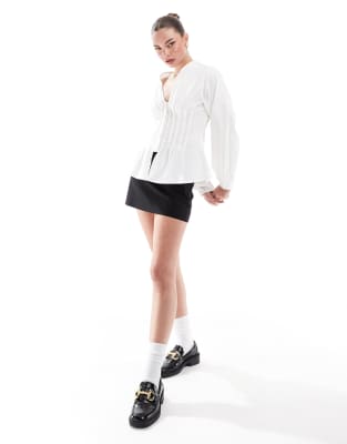 Asos Design Cotton V Neck Corset Top With Volume Sleeves In White