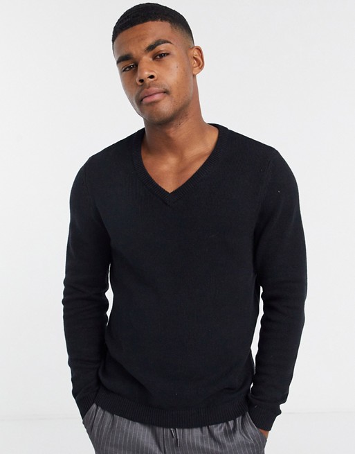 ASOS DESIGN cotton v-neck jumper in black