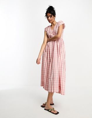 ASOS DESIGN cotton v neck midi smock dress in pink check