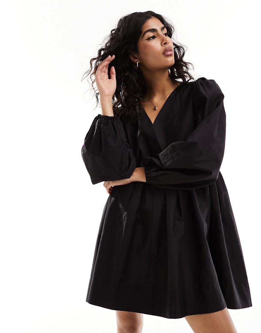 Asos Design Cotton V-neck Mini Smock Dress In Black