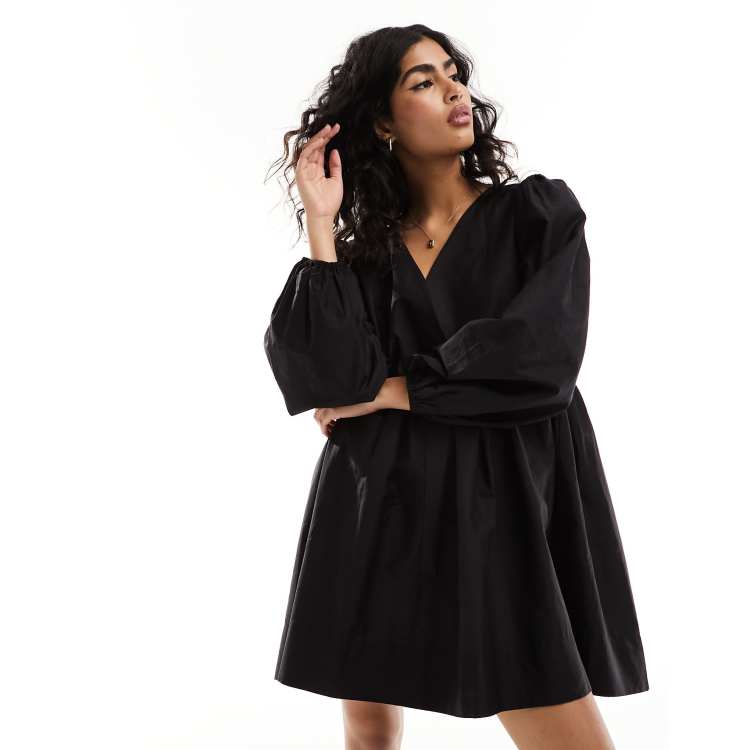 ASOS DESIGN cotton v neck mini smock dress in black ASOS