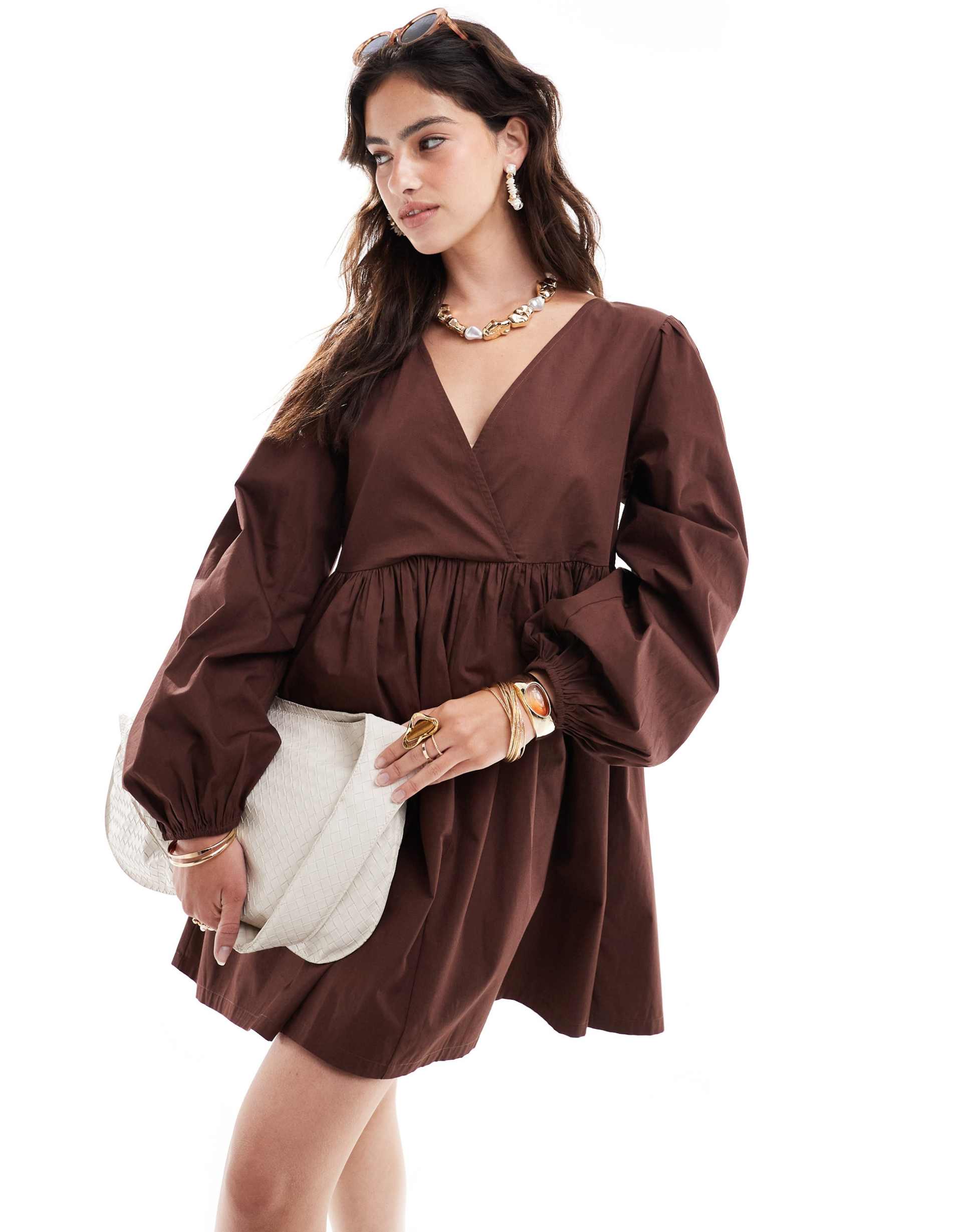 asos design cotton v-neck mini smock dress in chocolate brown