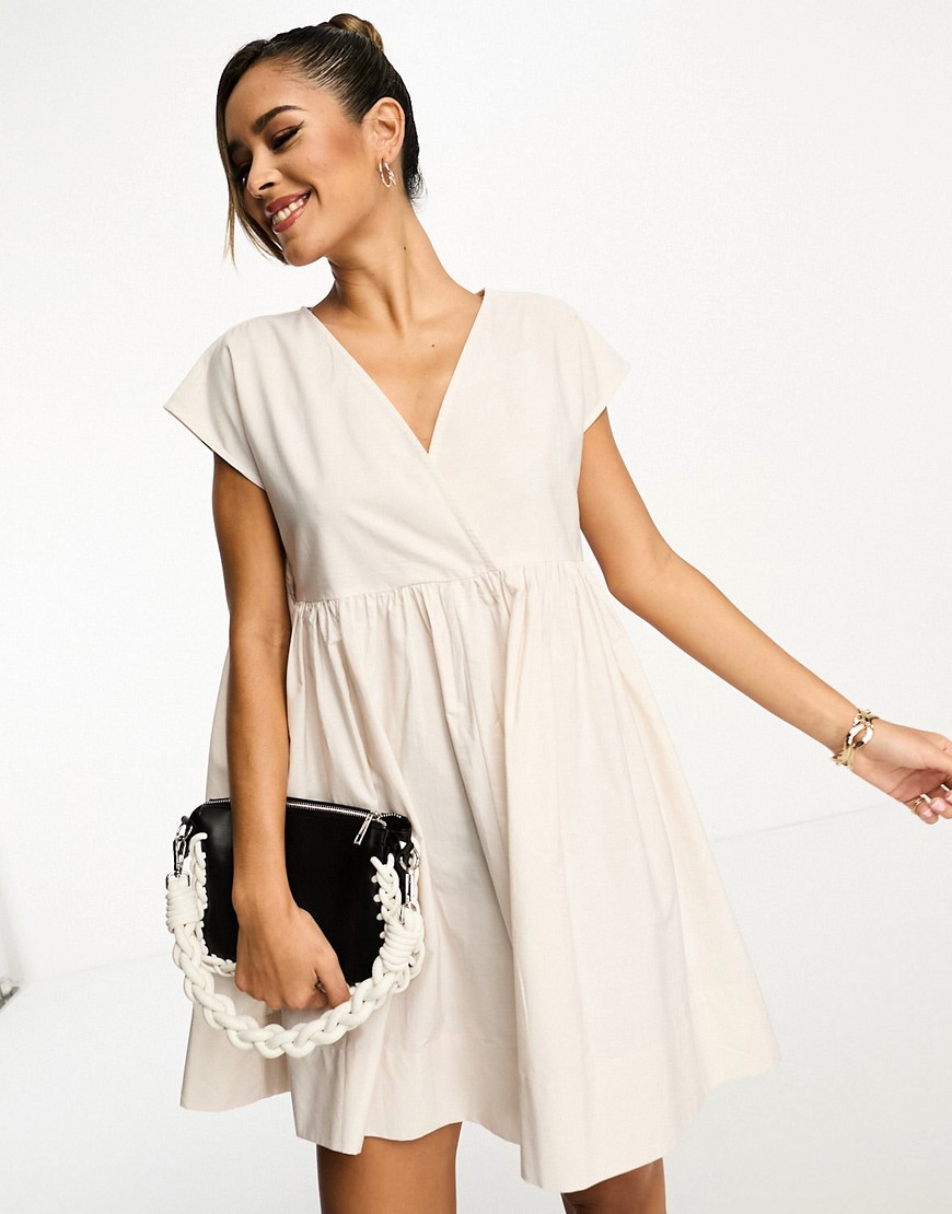 Asos Design Cotton V Neck Mini Smock Dress In Cream-white
