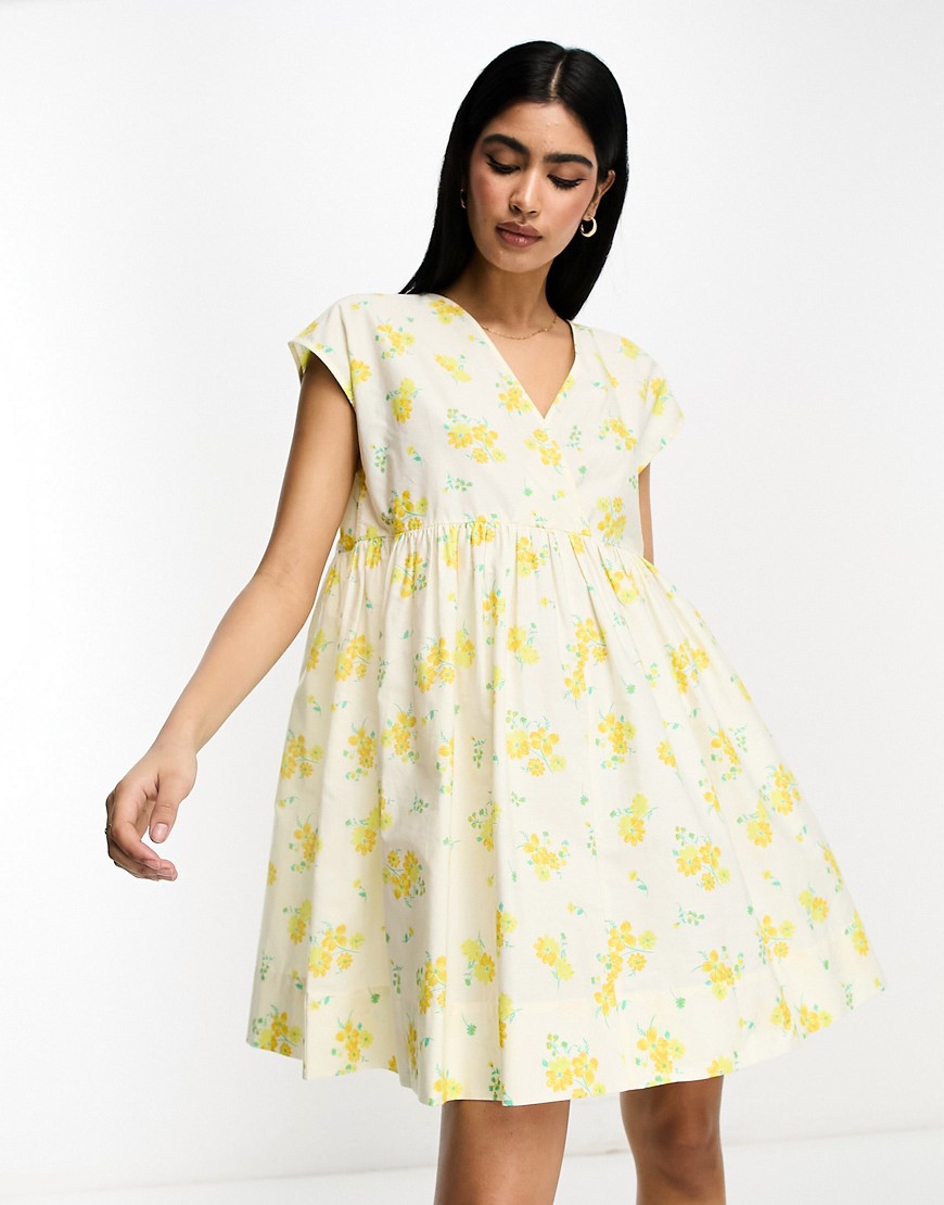 ASOS DESIGN cotton v neck mini smock dress in ditsy floral-Multi
