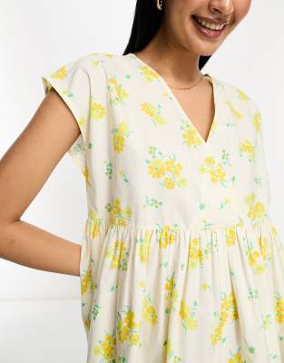 ASOS DESIGN cotton V-neck mini smock dress in ditsy floral