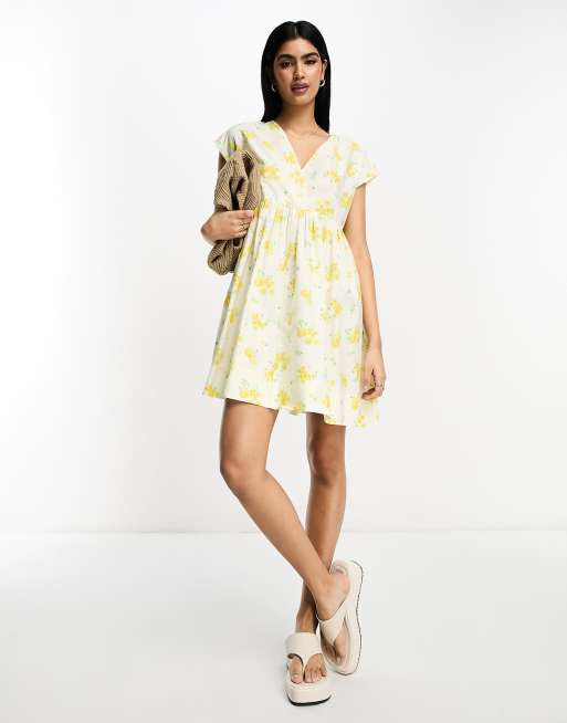 ASOS DESIGN cotton V-neck mini smock dress in ditsy floral