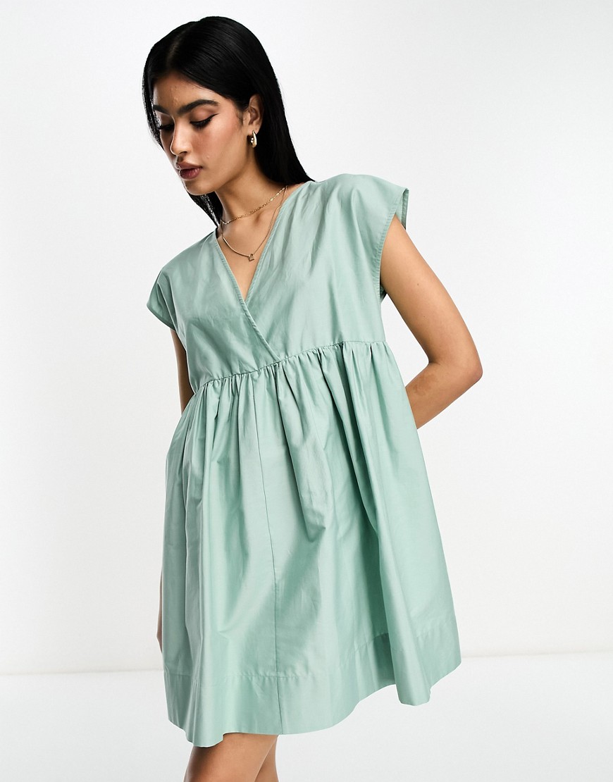 ASOS DESIGN cotton v neck mini smock dress in seafoam green-Orange