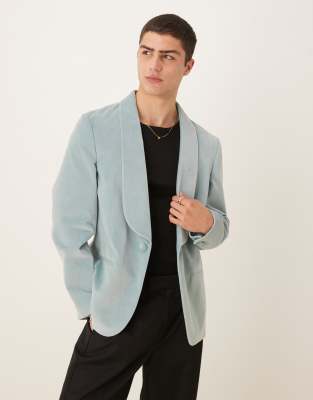 cotton velvet summer weight slim blazer in dusty blue-Green