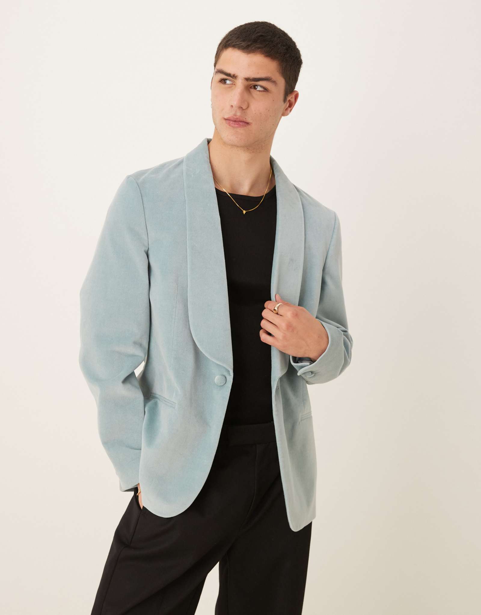 Летний приталенный блейзер из хлопкового бархата ASOS DESIGN пыльно-синего цвета