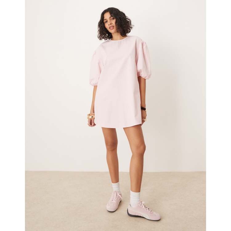 ASOS DESIGN cotton volume sleeve trapeze dress in pink | ASOS