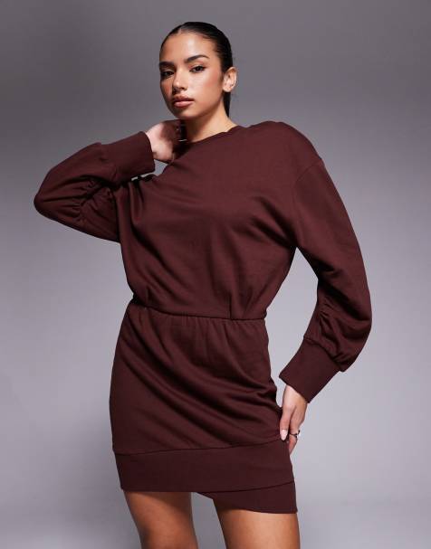 ASOS DESIGN cotton wrap over mini sweat dress in chocolate