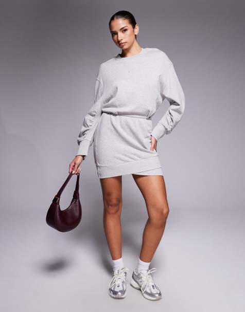 ASOS DESIGN cotton wrap over mini sweat dress in grey marl