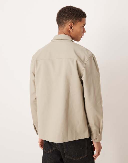 ASOS DESIGN cotton zip through overshirt with chest badge in beige, 3 of 5