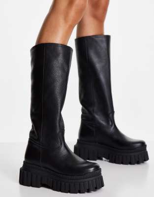 ASOS DESIGN Counter premium leather chunky pull on boots in black  - ASOS Price Checker