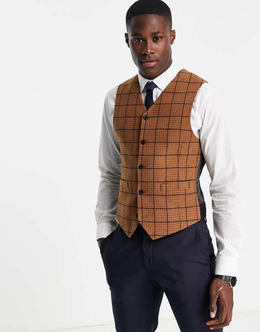 ASOS DESIGN - Country Wedding - Brun vest i uldblanding med smal pasform og puppytooth-tern
