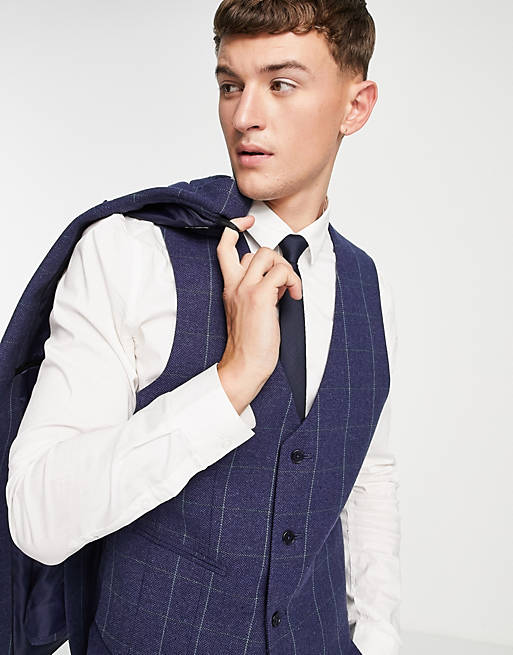 Suits country wedding navy colour range skinny wool mix suit waistcoat in navy windowpane 