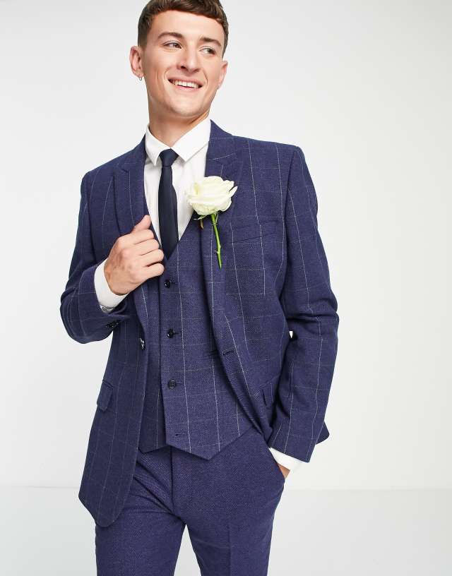 ASOS DESIGN country wedding skinny wool mix blazer in navy windowpane