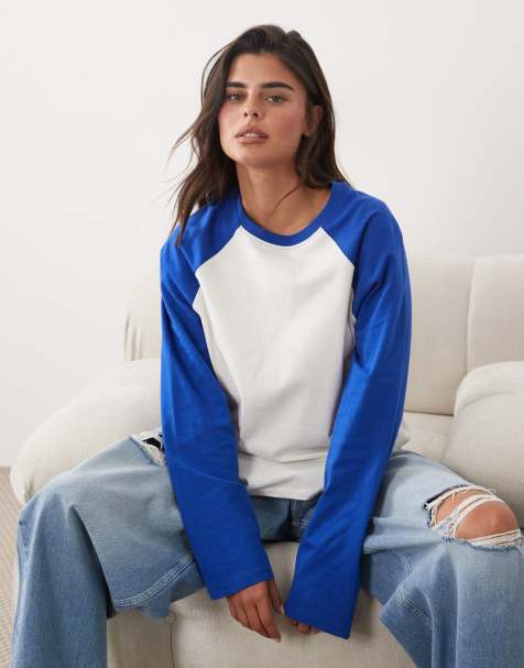 ASOS DESIGN coupe carrée à manches raglan contrastantes bleu et crème - view 1