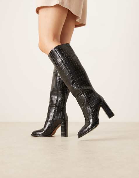 ASOS DESIGN Courtney block heel knee boots in black croc - view 1