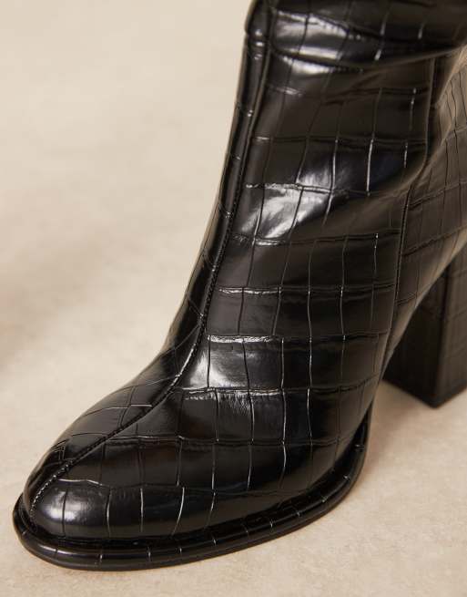 ASOS DESIGN Courtney block heel knee boots in black croc