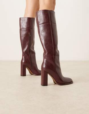 ASOS DESIGN Courtney block heel knee boots in burgundy-Red