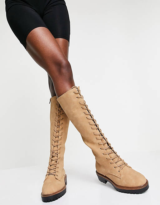 ASOS DESIGN Courtney chunky lace up knee high boot in sand