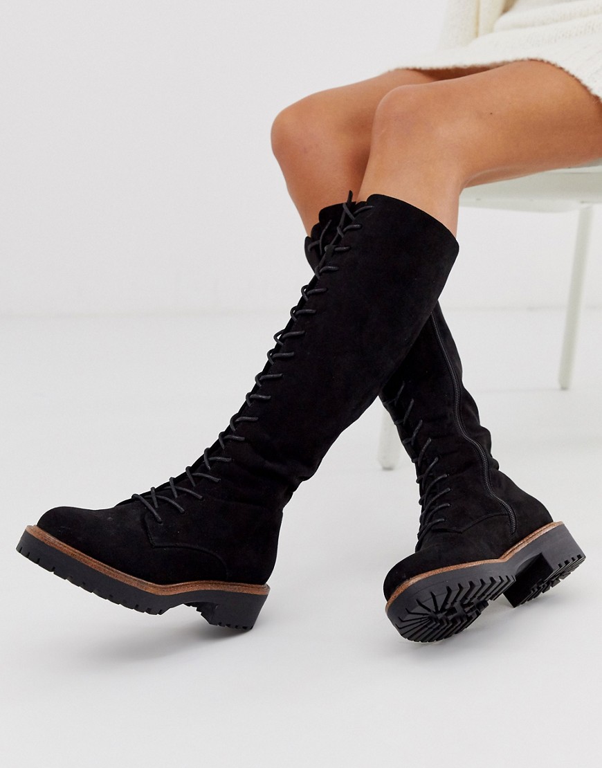 ASOS DESIGN Courtney chunky lace up knee high boots-Black