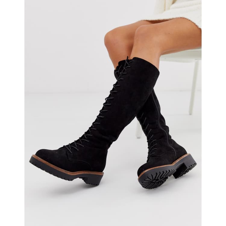 Flat lace up knee best sale high boots