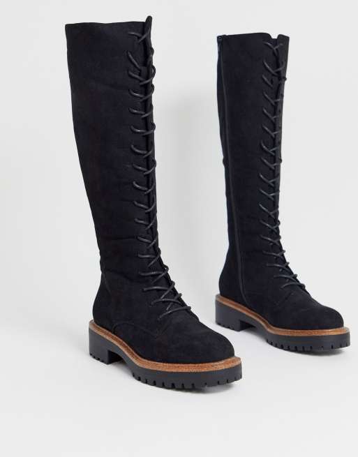 Black leather lace clearance up knee high boots