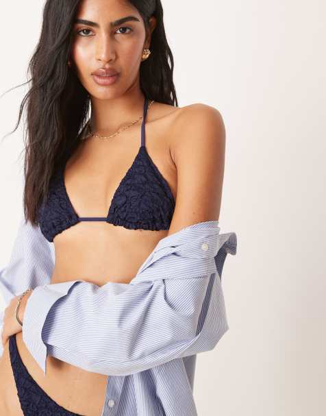ASOS DESIGN Courtney textured triangle bikini top in navy