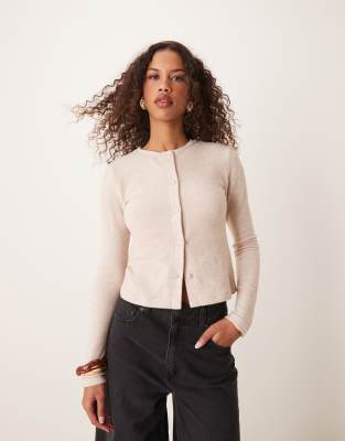 covered button shrunken supersoft cardigan in oatmeal-Neutral