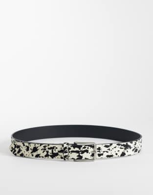 Asos Design Cow Print Cowhide Hair Belt With Silver Buckle In White
