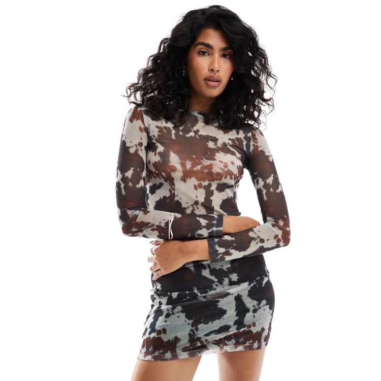 Women's Dairy Cow Pattern Mesh Top - Black Dots See Through Shirt, Scoop Neck, Sizes S-XXL - View #2