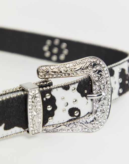 Black Cow Print Western Belt