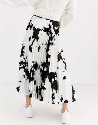 ASOS DESIGN Cow Print Satin Pleat MIDI Skirt-Multi thumbnail