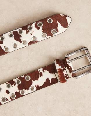 Asos Design Cow Studded Rollerbuckle Belt In Burgundy