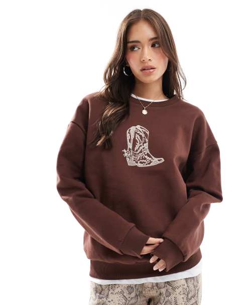 ASOS DESIGN cowboy boot graphic oversized sweat in chocolate - view 1