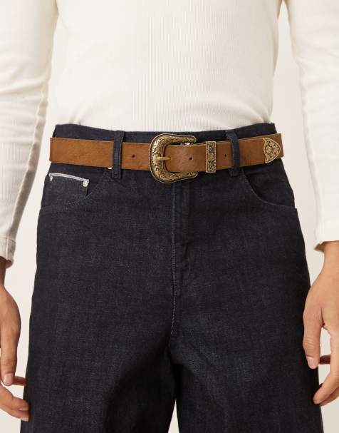 ASOS DESIGN cowhide belt with western buckle in brown - view 1