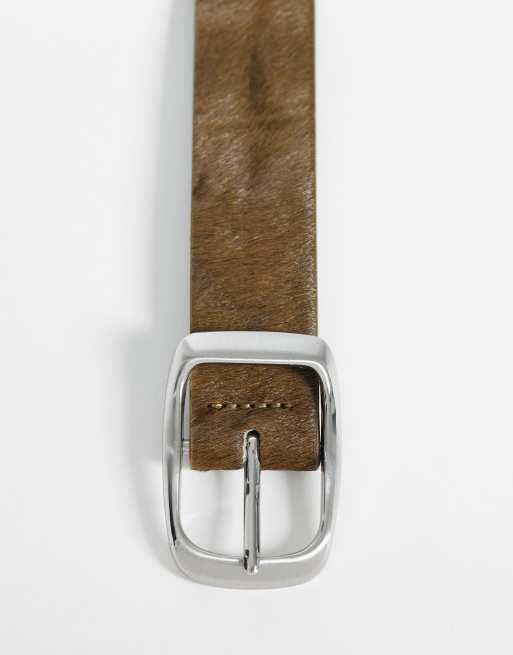 ASOS DESIGN cowhide hair belt with rounded brushed silver buckle in brown, 2 of 3