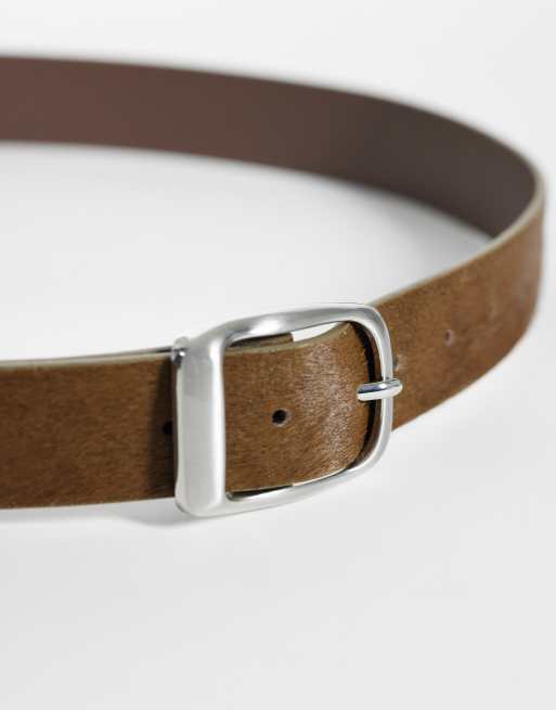 ASOS DESIGN cowhide hair belt with rounded brushed silver buckle in brown, 3 of 3