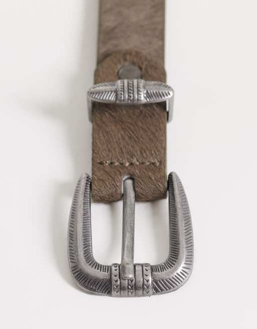 ASOS DESIGN cowhide hair belt with silver-tone western buckle in brown, 2 of 3