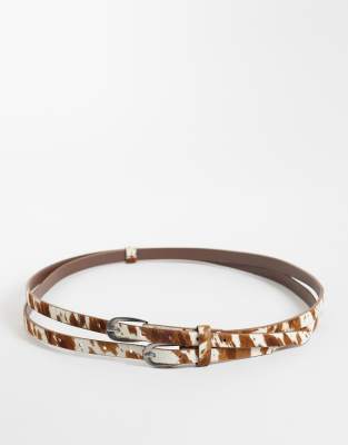 Asos Design Cowhide Hair Cowprint Double Strap Skinny Belt In Black