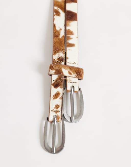 ASOS DESIGN cowhide hair cowprint double strap skinny belt in brown, 2 of 3