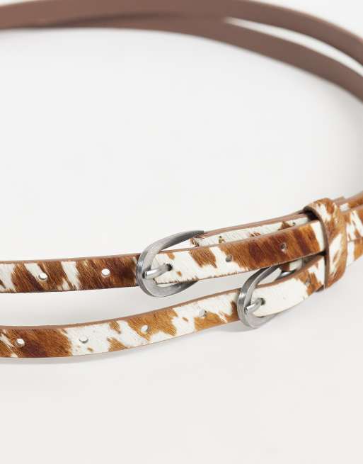 ASOS DESIGN cowhide hair cowprint double strap skinny belt in brown, 3 of 3