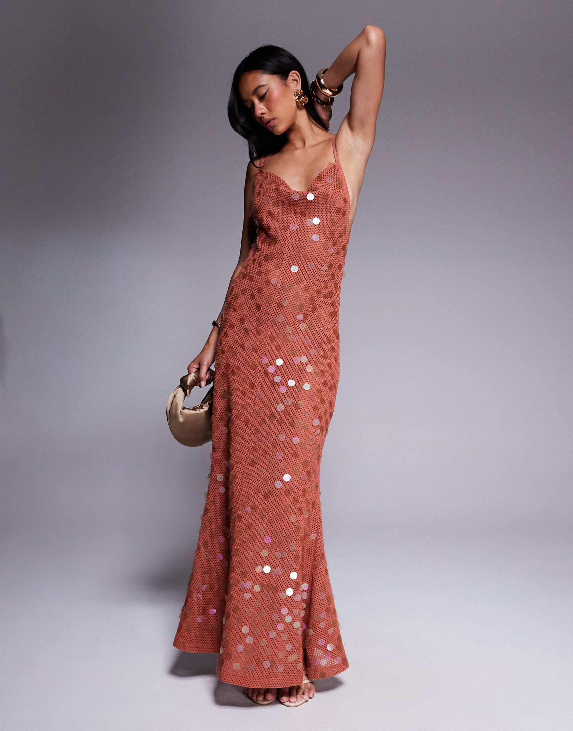 ASOS DESIGN cowl back crochet maxi dress with iridescent sequin in rust - view 1