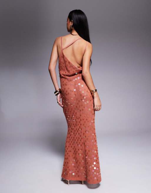 ASOS DESIGN cowl back crochet maxi dress with iridescent sequin in rust
