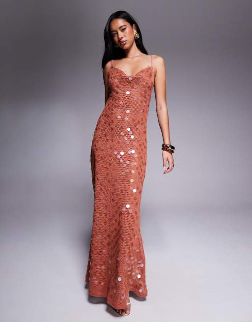 ASOS DESIGN cowl back crochet maxi dress with iridescent sequin in rust