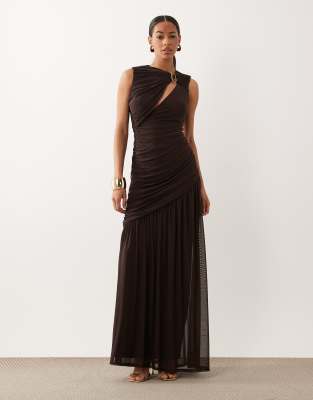 ASOS DESIGN cowl back cutout mesh maxi dress with bead detail in chocolate