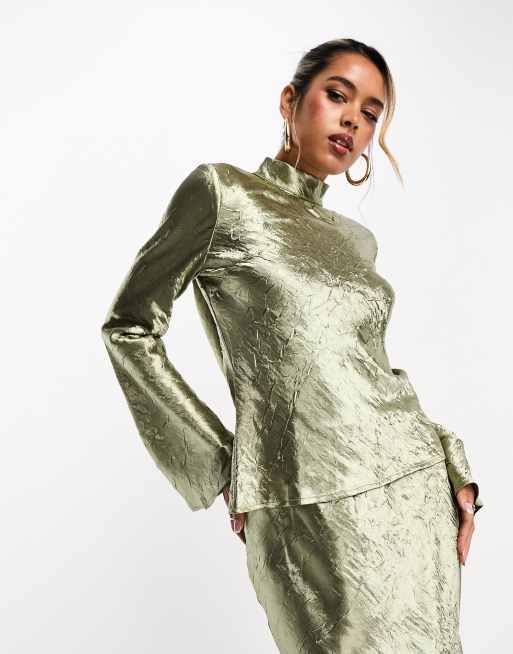 ASOS Long Sleeve Satin Blouse With High Neck And Open Back in