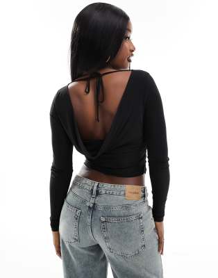 Asos Design Cowl Back Long Sleeve Top In Black In Black